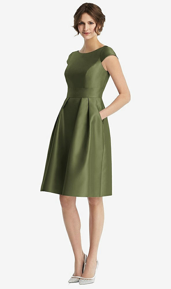 Front View - Olive Green Cap Sleeve Pleated Cocktail Dress with Pockets