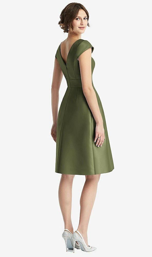 Back View - Olive Green Cap Sleeve Pleated Cocktail Dress with Pockets