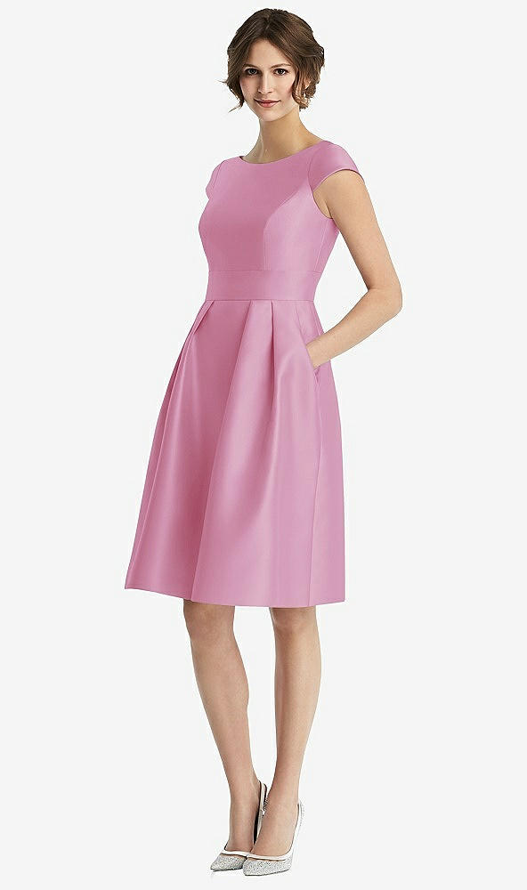 Front View - Powder Pink Cap Sleeve Pleated Cocktail Dress with Pockets
