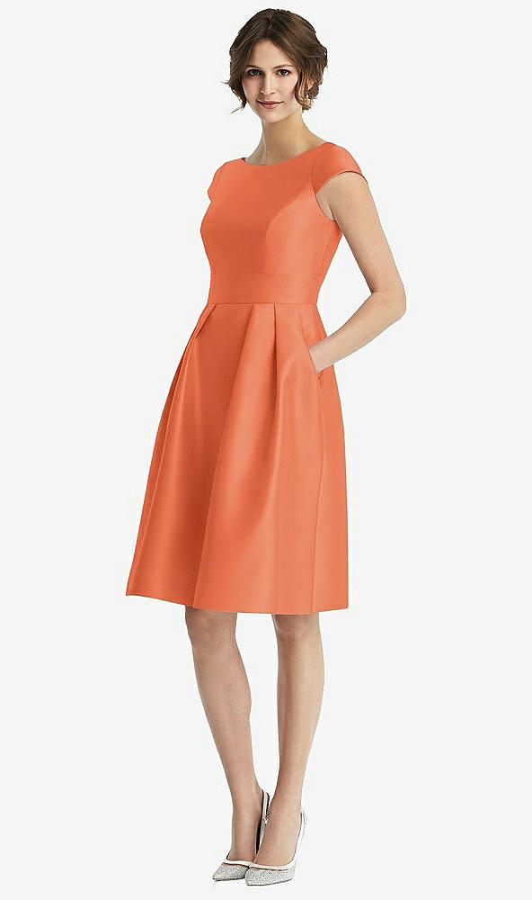 Front View - Portofino Orange Cap Sleeve Pleated Cocktail Dress with Pockets