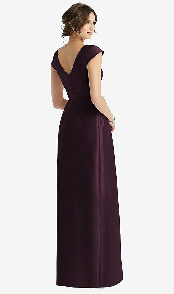 Back View - Deep Plum Cap Sleeve Pleated Skirt Dress with Pockets