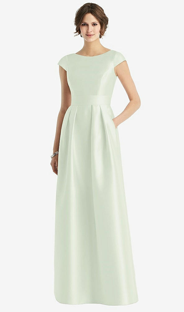 Front View - Mint Green Cap Sleeve Pleated Skirt Dress with Pockets