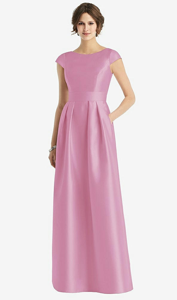 Front View - Powder Pink Cap Sleeve Pleated Skirt Dress with Pockets