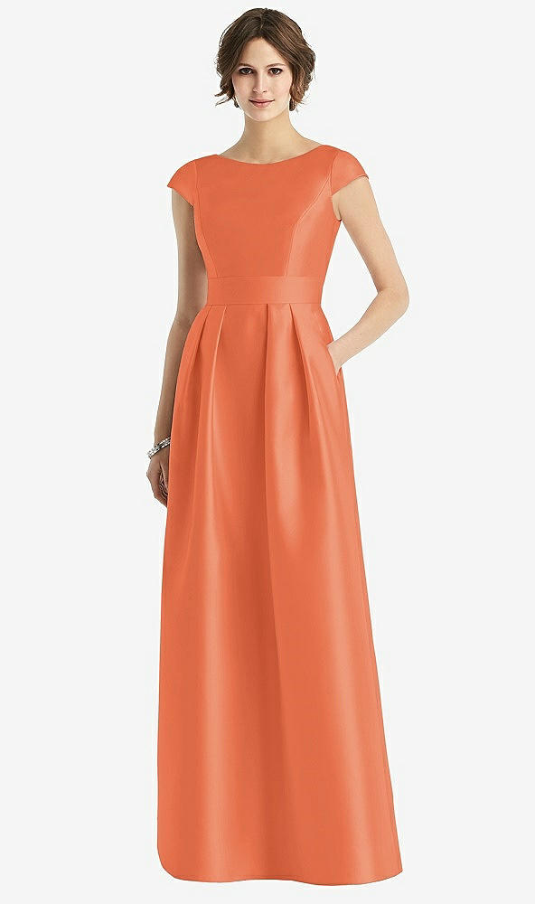 Front View - Portofino Orange Cap Sleeve Pleated Skirt Dress with Pockets