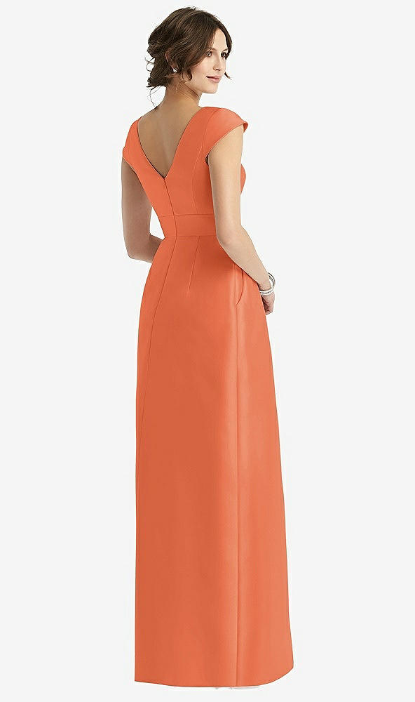 Back View - Portofino Orange Cap Sleeve Pleated Skirt Dress with Pockets