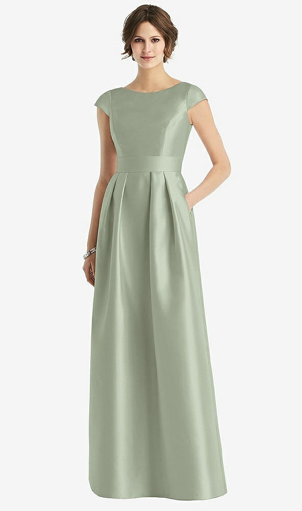 Front View - Sage Cap Sleeve Pleated Skirt Dress with Pockets
