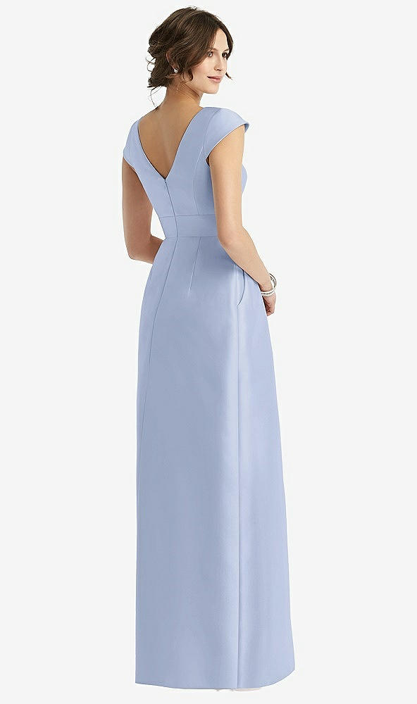 Back View - Sky Blue Cap Sleeve Pleated Skirt Dress with Pockets