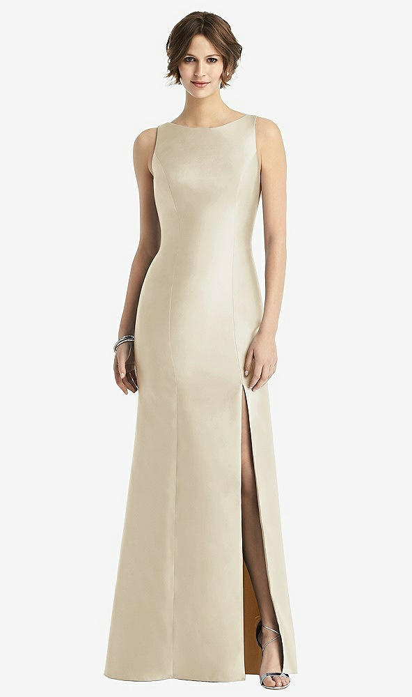 Front View - Champagne Sleeveless Satin Trumpet Gown with Bow at Open-Back