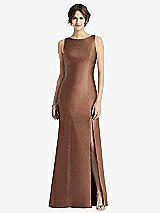 Front View Thumbnail - Cognac Sleeveless Satin Trumpet Gown with Bow at Open-Back