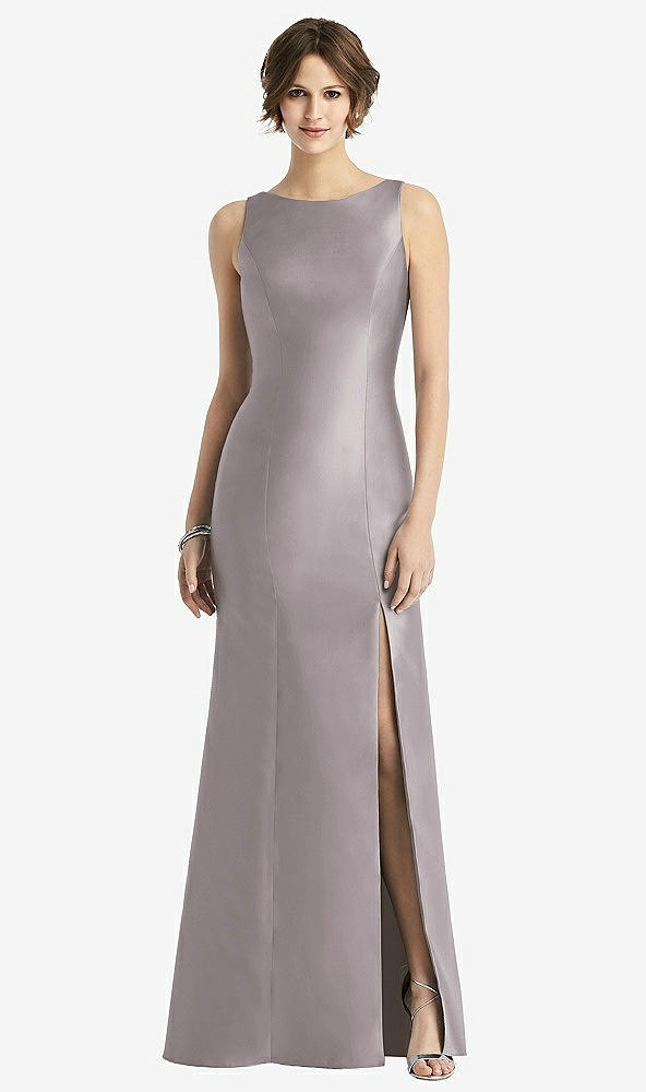 Front View - Cashmere Gray Sleeveless Satin Trumpet Gown with Bow at Open-Back