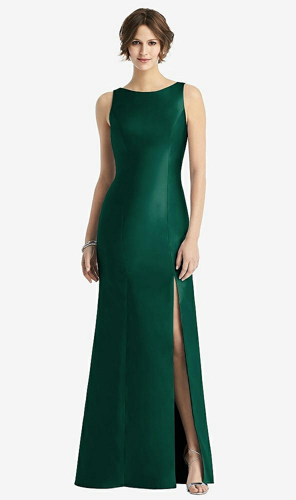 Front View - Hunter Green Sleeveless Satin Trumpet Gown with Bow at Open-Back