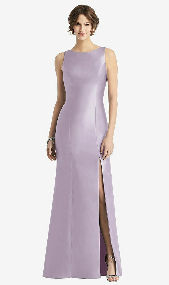 Front View - Lilac Haze Sleeveless Satin Trumpet Gown with Bow at Open-Back