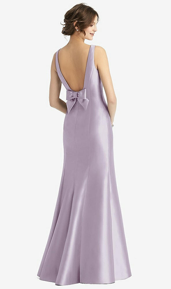 Back View - Lilac Haze Sleeveless Satin Trumpet Gown with Bow at Open-Back