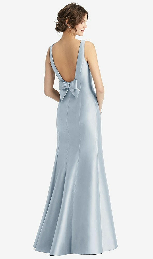 Back View - Mist Sleeveless Satin Trumpet Gown with Bow at Open-Back