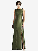 Front View Thumbnail - Olive Green Sleeveless Satin Trumpet Gown with Bow at Open-Back