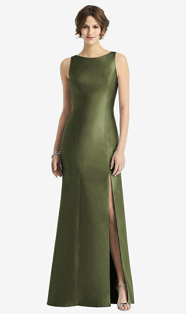 Front View - Olive Green Sleeveless Satin Trumpet Gown with Bow at Open-Back