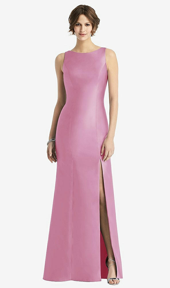 Front View - Powder Pink Sleeveless Satin Trumpet Gown with Bow at Open-Back