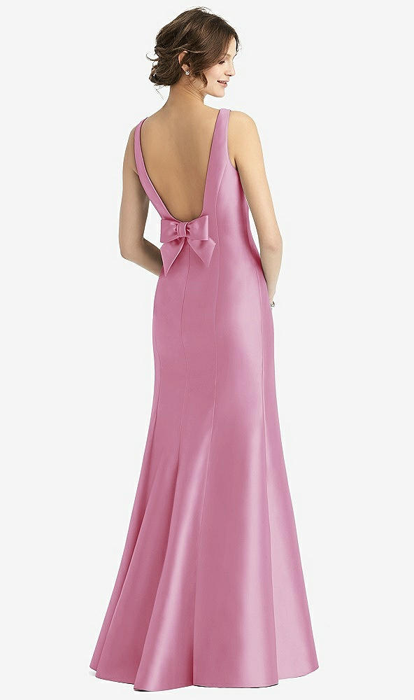 Back View - Powder Pink Sleeveless Satin Trumpet Gown with Bow at Open-Back