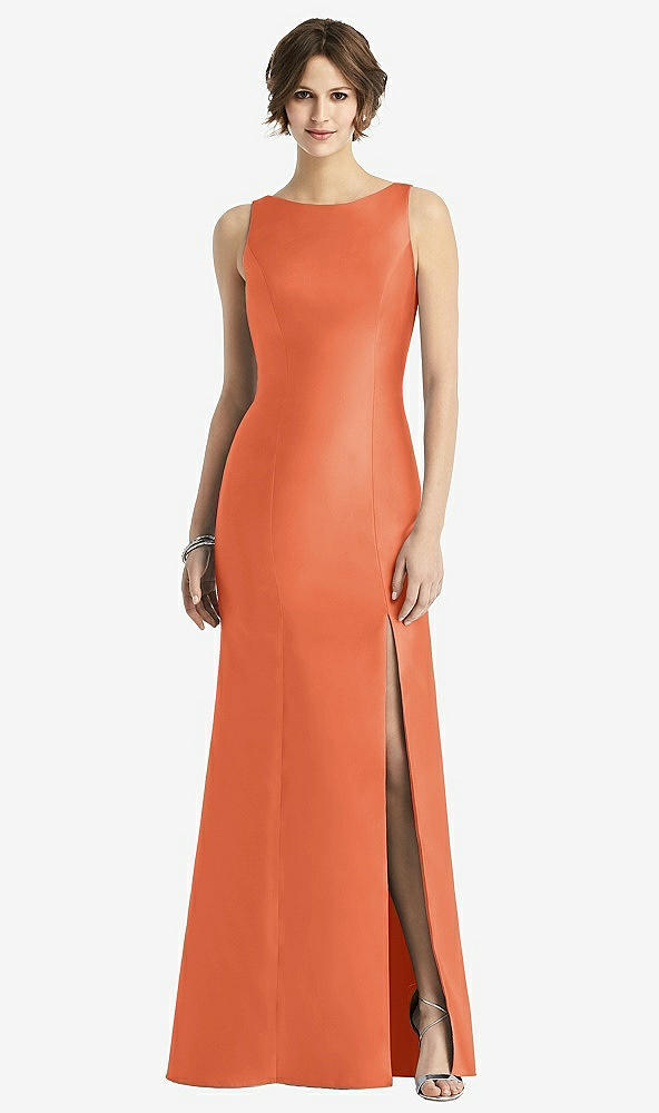 Front View - Portofino Orange Sleeveless Satin Trumpet Gown with Bow at Open-Back