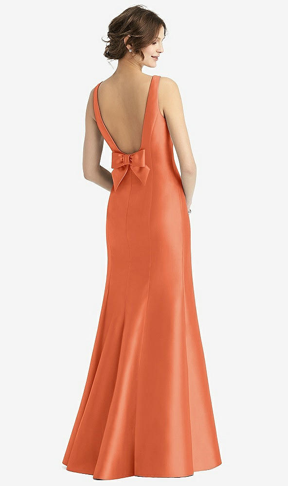 Back View - Portofino Orange Sleeveless Satin Trumpet Gown with Bow at Open-Back