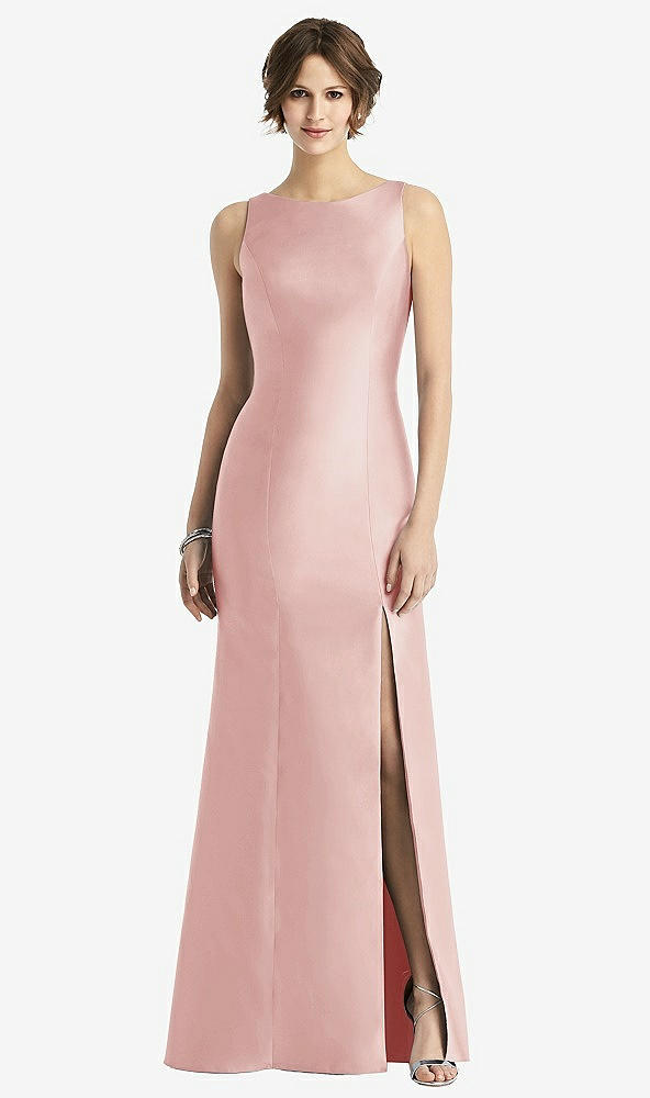 Front View - Rose Sleeveless Satin Trumpet Gown with Bow at Open-Back