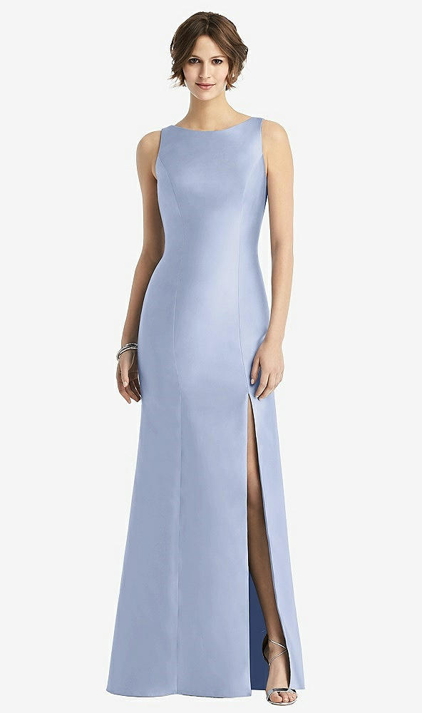 Front View - Sky Blue Sleeveless Satin Trumpet Gown with Bow at Open-Back