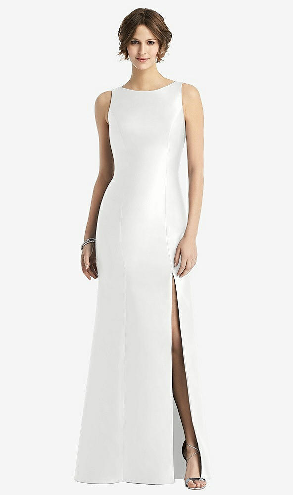 Front View - White Sleeveless Satin Trumpet Gown with Bow at Open-Back