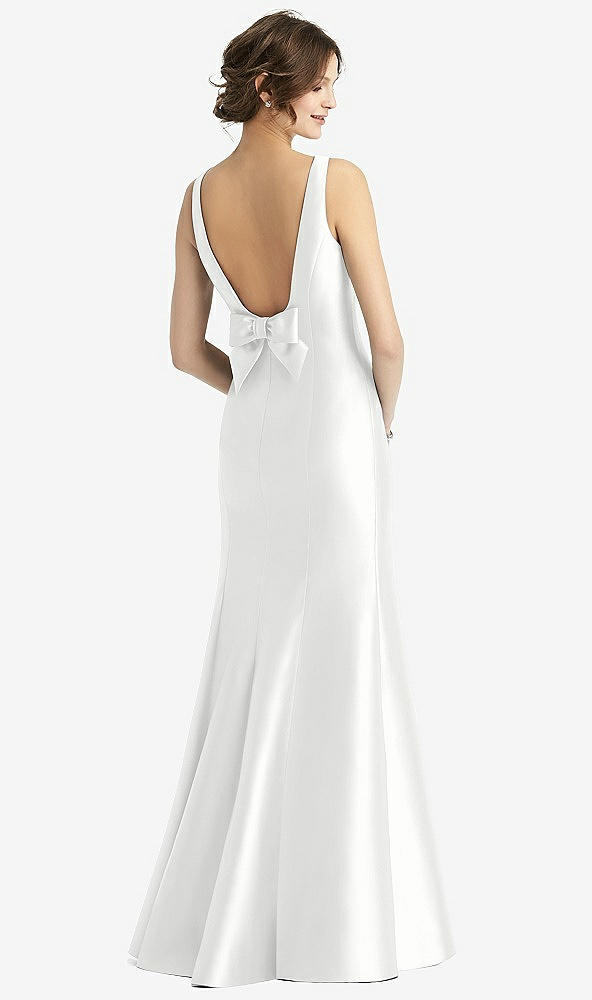 Back View - White Sleeveless Satin Trumpet Gown with Bow at Open-Back