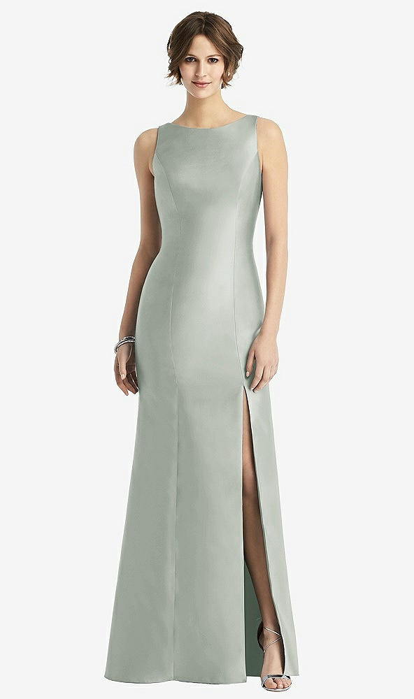 Front View - Willow Green Sleeveless Satin Trumpet Gown with Bow at Open-Back