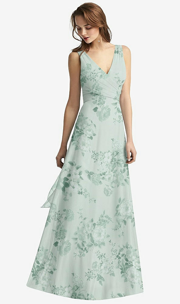 Front View - Mint Green Floral Sleeveless V-Neck Chiffon Wrap Dress
