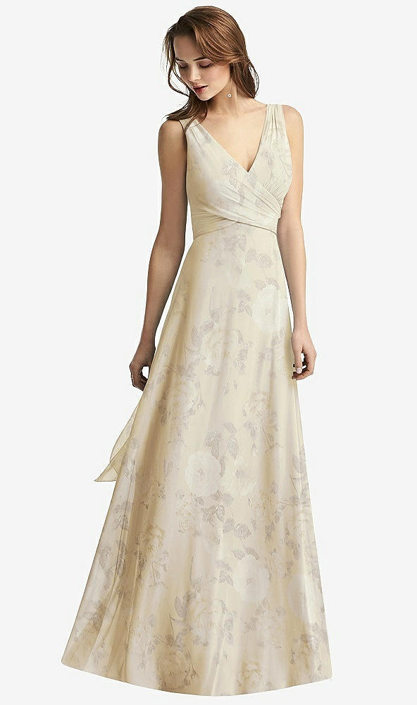 Front View - Butter Yellow Floral Sleeveless V-Neck Chiffon Wrap Dress