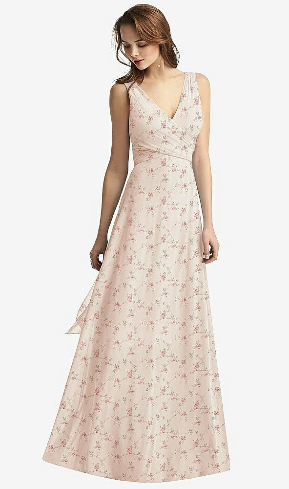 Front View - Coquette Floral Print Sleeveless V-Neck Chiffon Wrap Dress