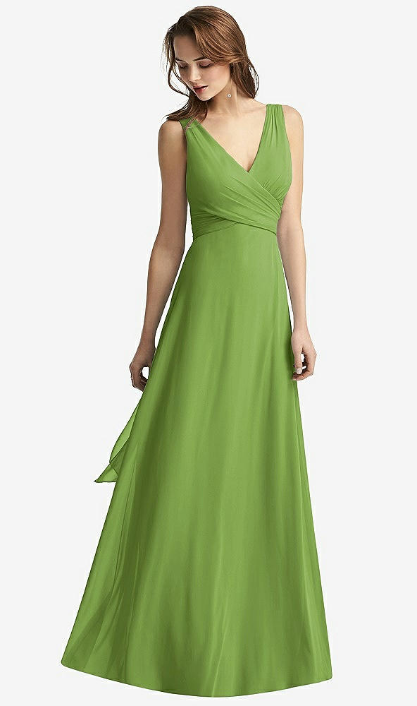 Front View - Peridot Green Sleeveless V-Neck Chiffon Wrap Dress