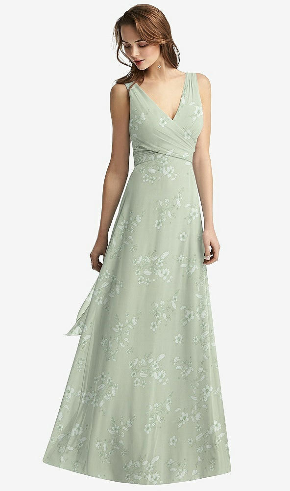 Front View - Vintage Primrose Sage Sleeveless V-Neck Chiffon Wrap Dress