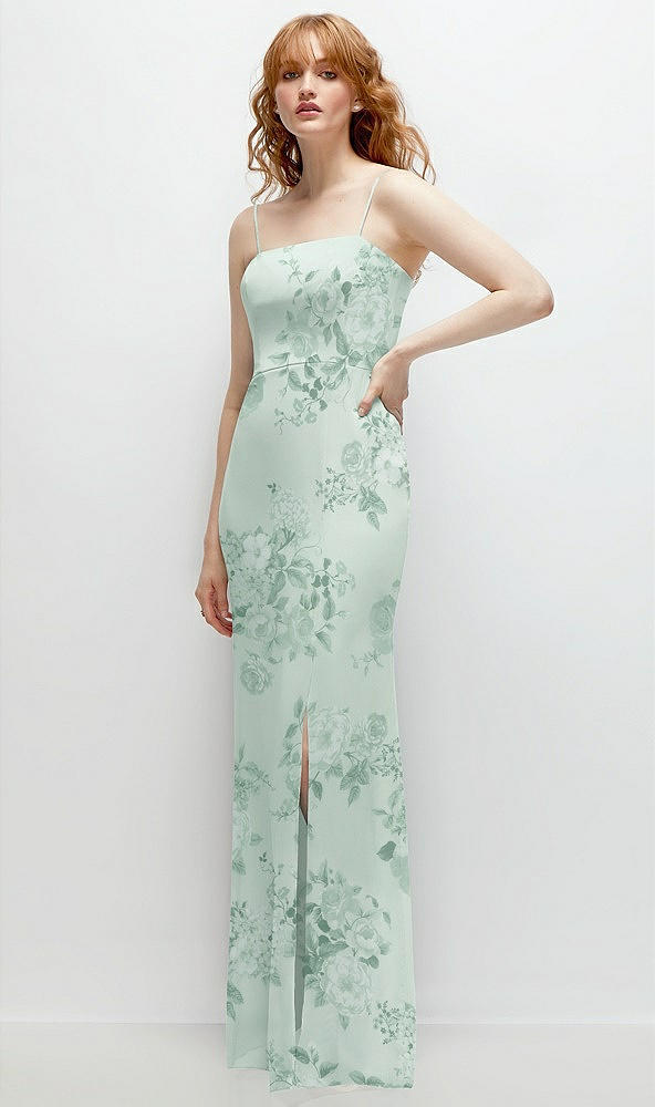 Back View - Mint Green Floral Tie-Back Cutout Trumpet Gown with Front Slit