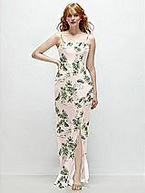 Front View Thumbnail - Palm Beach Print Tie-Back Cutout Trumpet Gown with Front Slit