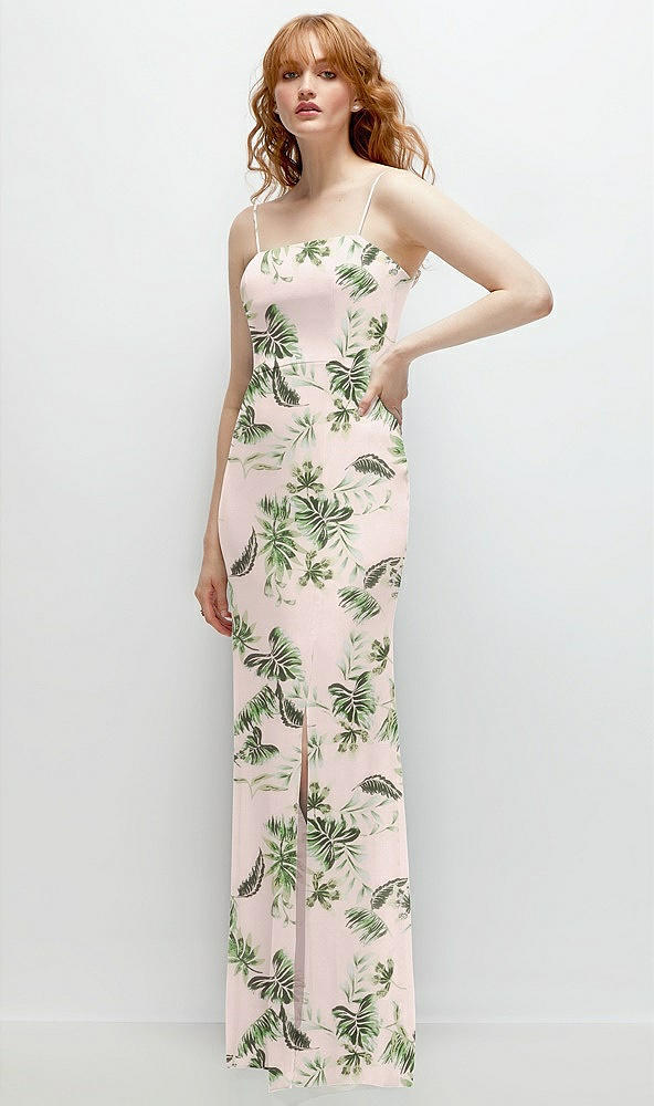 Back View - Palm Beach Print Tie-Back Cutout Trumpet Gown with Front Slit