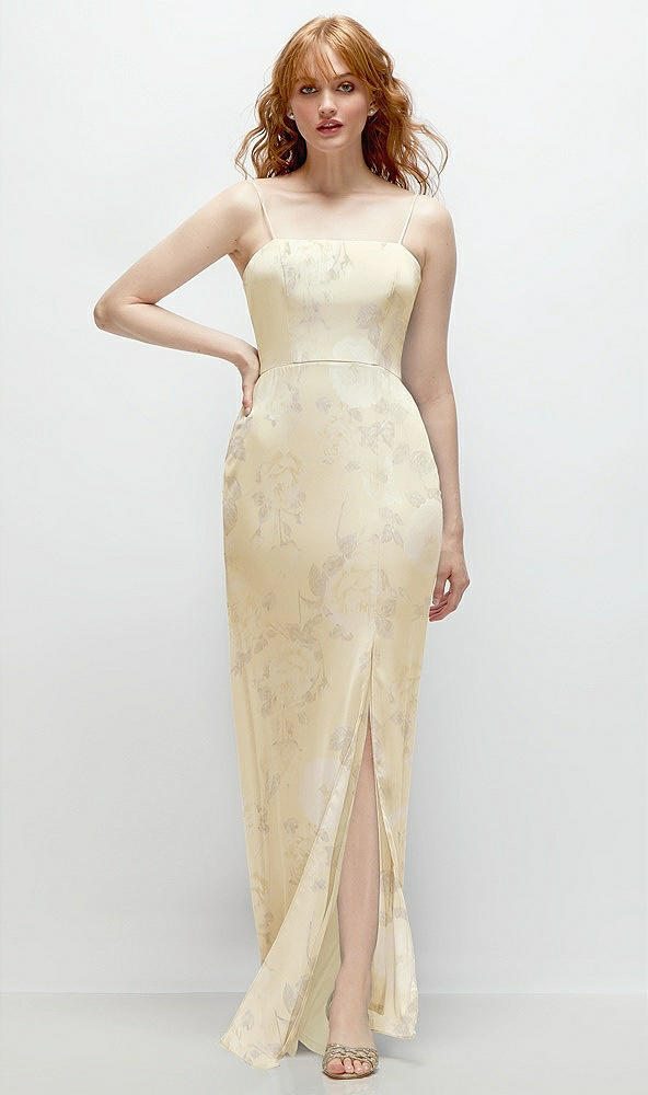 Front View - Butter Yellow Floral Tie-Back Cutout Trumpet Gown with Front Slit
