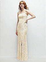 Rear View Thumbnail - Butter Yellow Floral Tie-Back Cutout Trumpet Gown with Front Slit