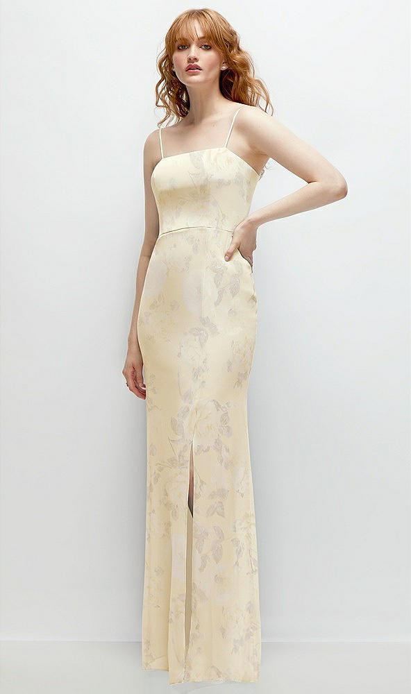 Back View - Butter Yellow Floral Tie-Back Cutout Trumpet Gown with Front Slit