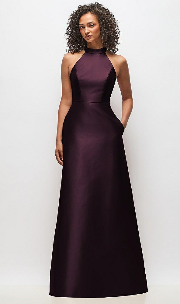 Front View - Deep Plum High-Neck Cutout Satin Dress with Pockets