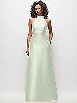 Front View Thumbnail - Mint Green High-Neck Cutout Satin Dress with Pockets