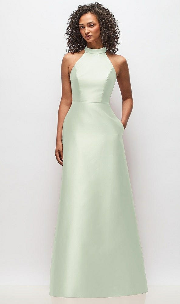 Front View - Mint Green High-Neck Cutout Satin Dress with Pockets