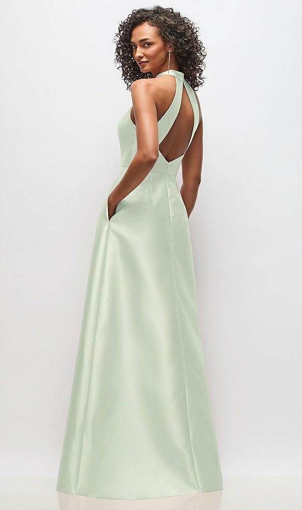 Back View - Mint Green High-Neck Cutout Satin Dress with Pockets