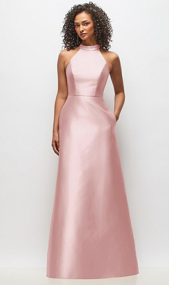 Front View - Ballet Pink High-Neck Cutout Satin Dress with Pockets