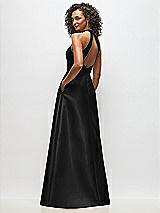 Rear View Thumbnail - Black High-Neck Cutout Satin Dress with Pockets