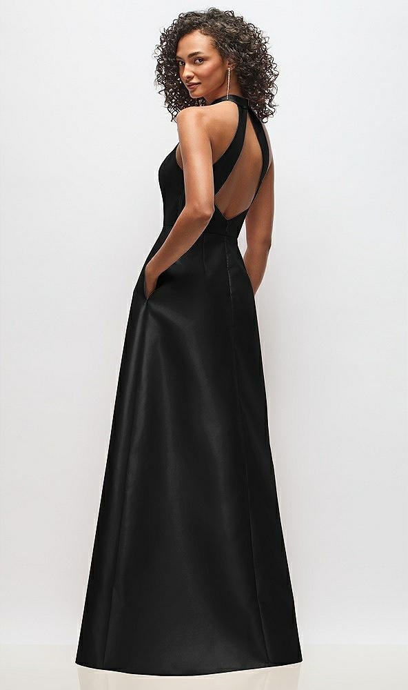 Back View - Black High-Neck Cutout Satin Dress with Pockets