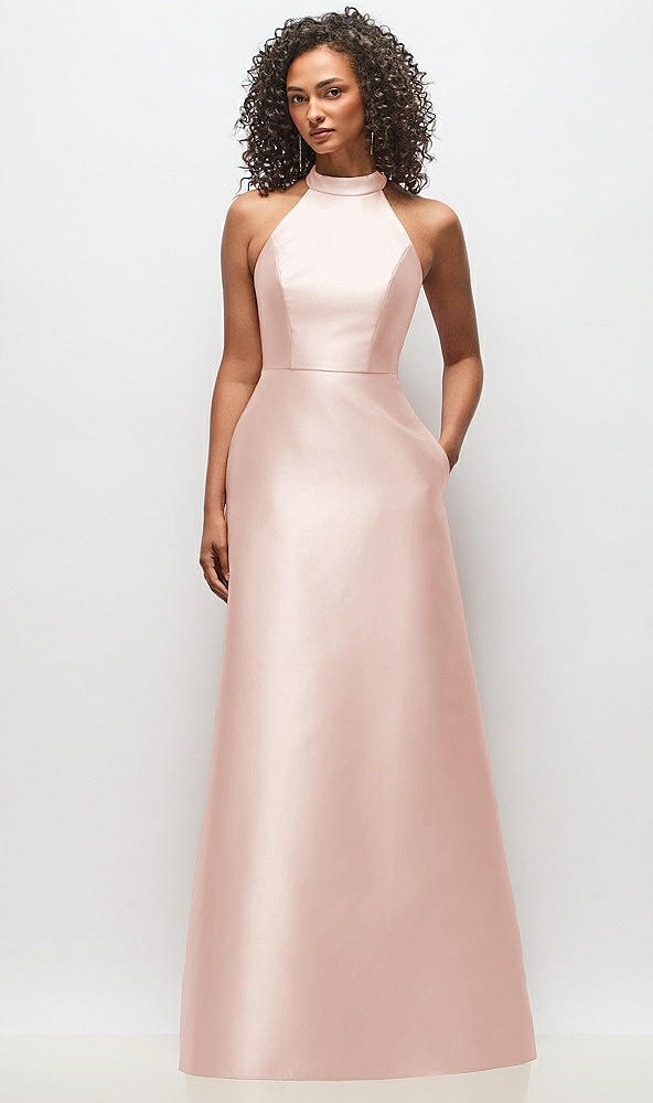 Front View - Blush High-Neck Cutout Satin Dress with Pockets