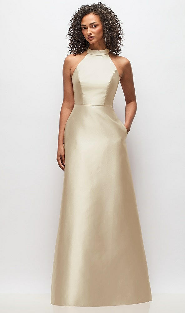 Front View - Champagne High-Neck Cutout Satin Dress with Pockets