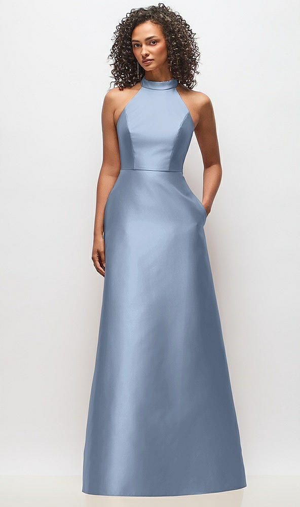Front View - Cloudy High-Neck Cutout Satin Dress with Pockets